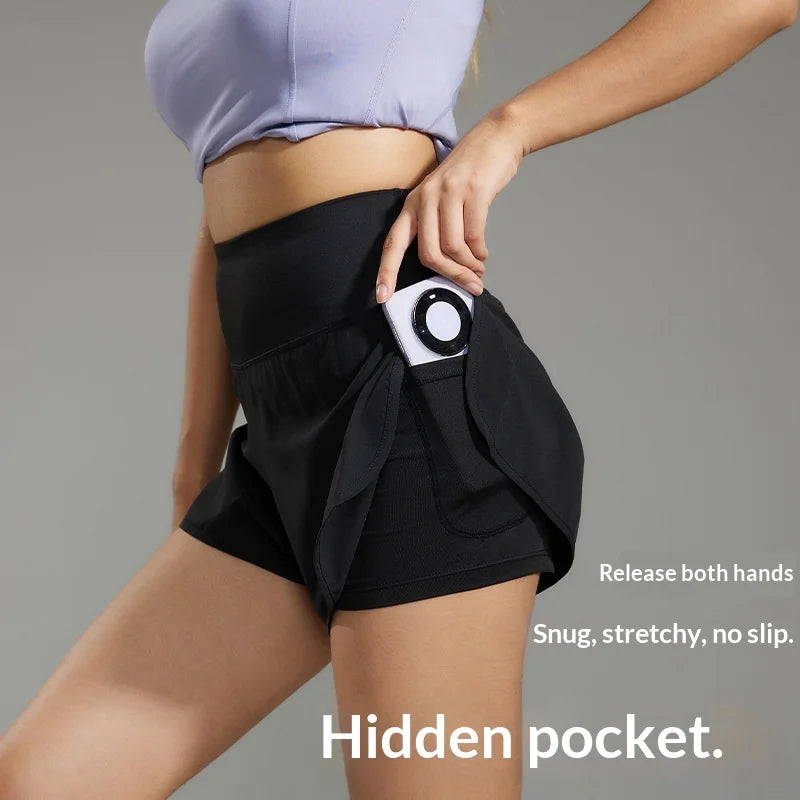 Women's Double-Layer Anti-Exposure Sports Shorts Lightweight Comfortable Quick Dry Yoga Workout Shorts with Back Zipper Pocket