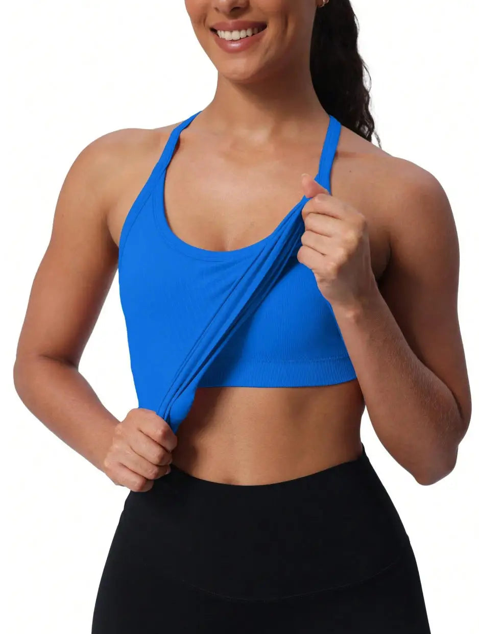 Seamless Women's Workout Tank Tops with Built-In Bra Racerback Athletic Yoga Shirts Ribbed Soft and Breathable Design