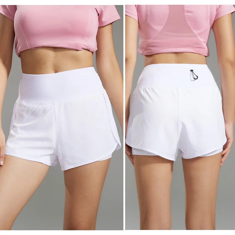 Women's Double-Layer Anti-Exposure Sports Shorts Lightweight Comfortable Quick Dry Yoga Workout Shorts with Back Zipper Pocket