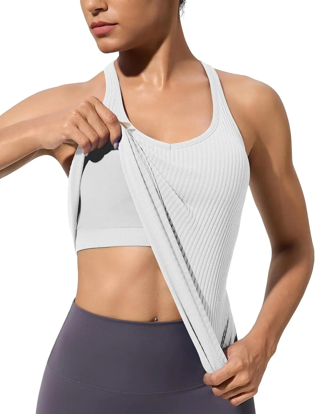 Yoga Workout Tank Tops for Women with Built-in Bra Seamless V-Neck Spandex/Nylon Solid Fitness Shirts