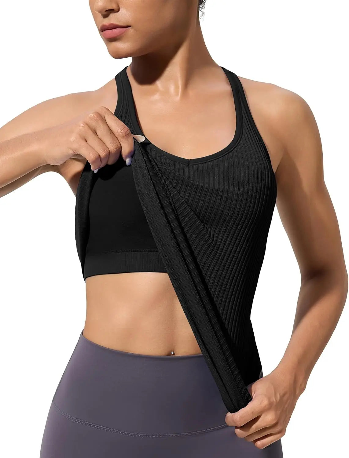 Yoga Workout Tank Tops for Women with Built-in Bra Seamless V-Neck Spandex/Nylon Solid Fitness Shirts