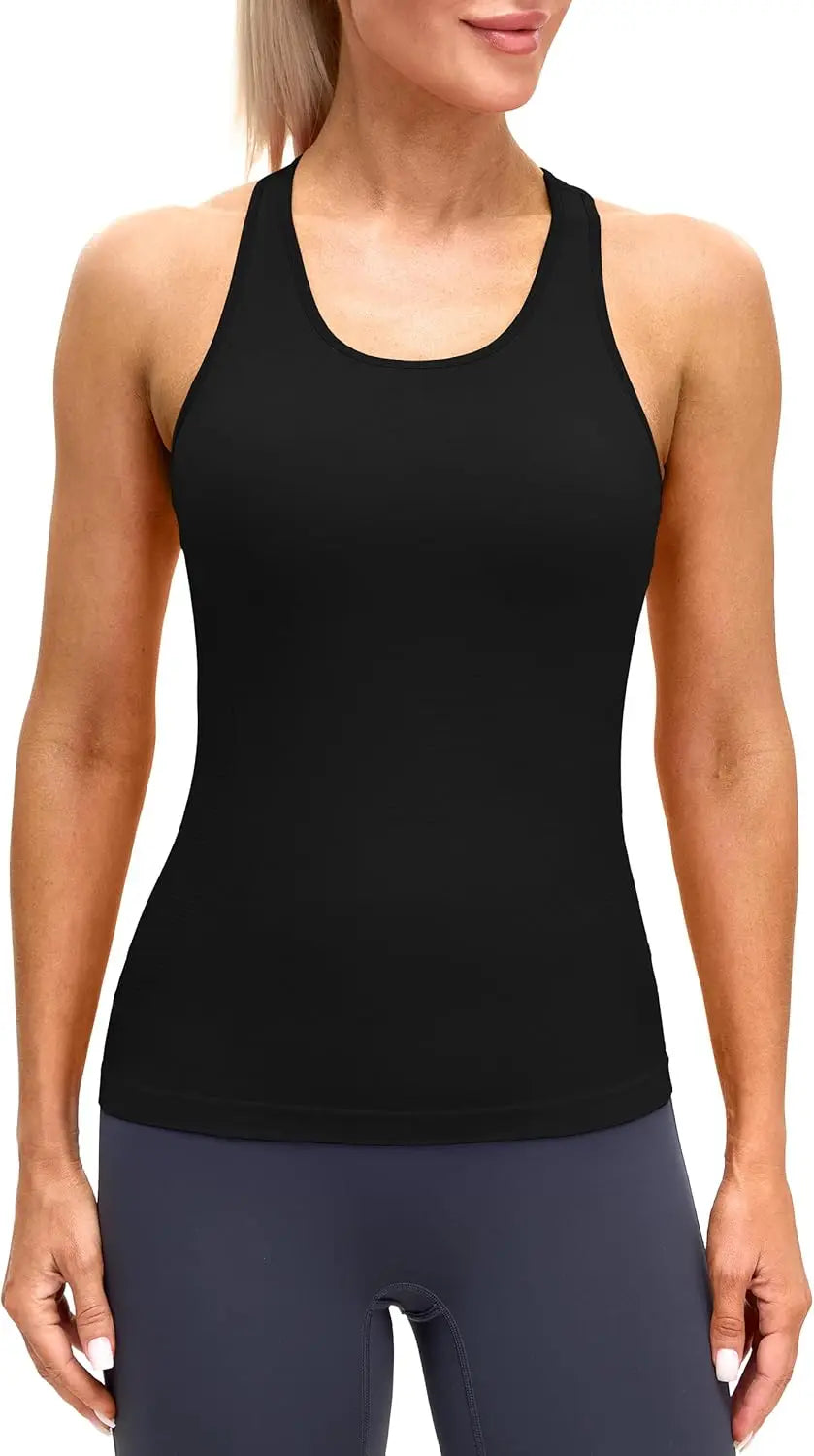 Women's Seamless Solid Color Workout Tank Top with Built-in Bra Padded Racerback Athletic Yoga Top