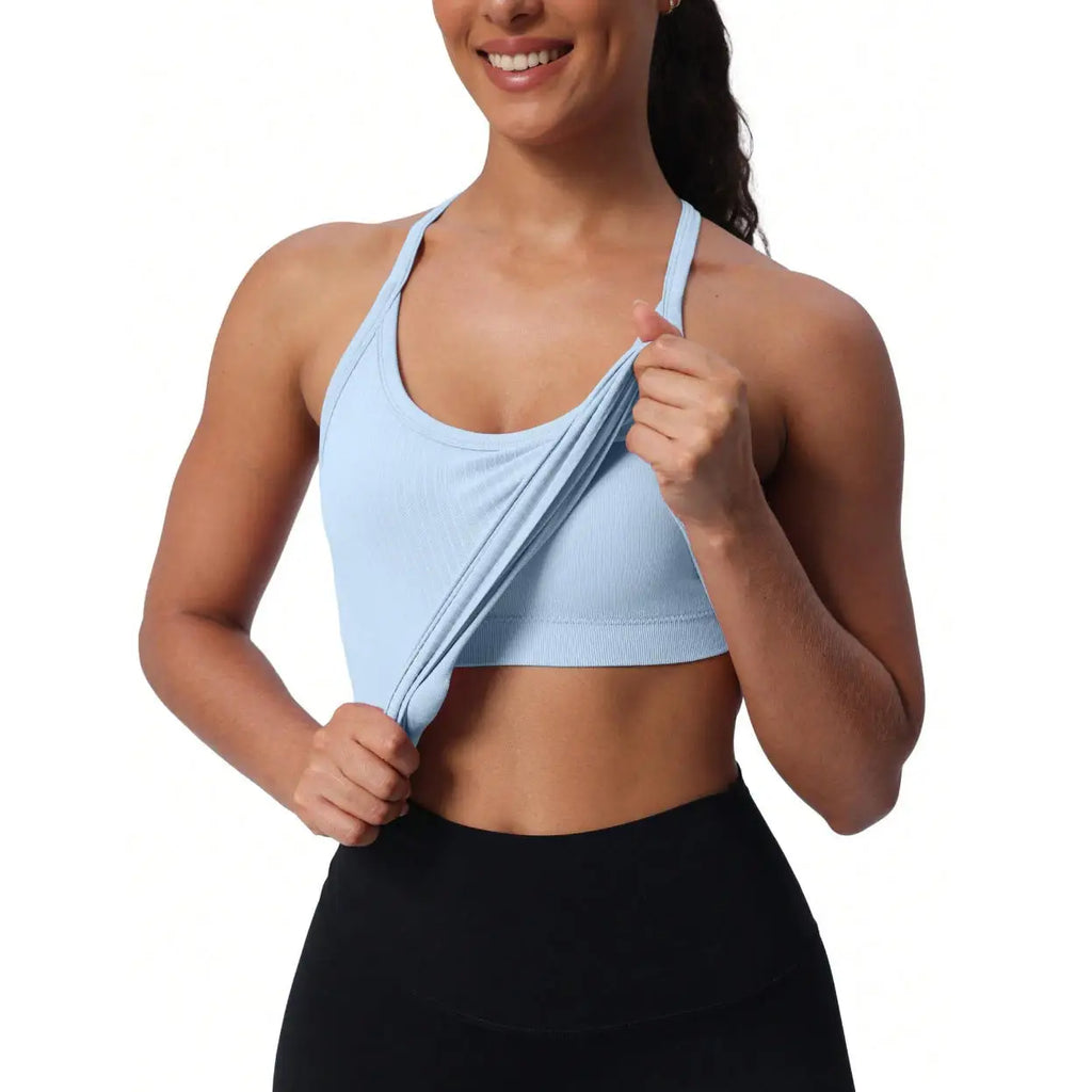 Seamless Women's Workout Tank Tops with Built-In Bra Racerback Athletic Yoga Shirts Ribbed Soft and Breathable Design