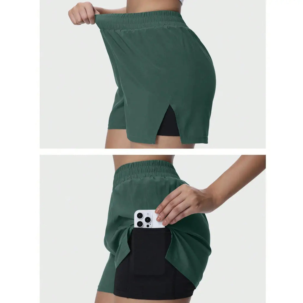 Women's Breathable Moisture-Wicking Underwear Lining Split Hem Sports Shorts With Pockets High Elastic Waist Workout Shorts