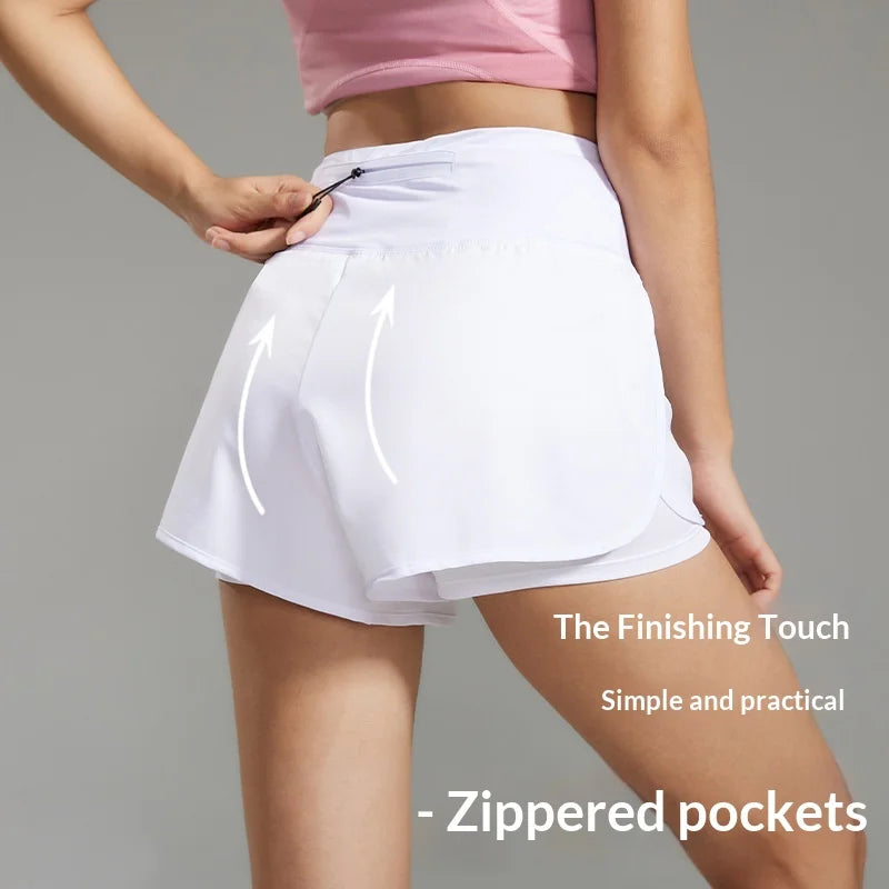 Women's Double-Layer Anti-Exposure Sports Shorts Lightweight Comfortable Quick Dry Yoga Workout Shorts with Back Zipper Pocket