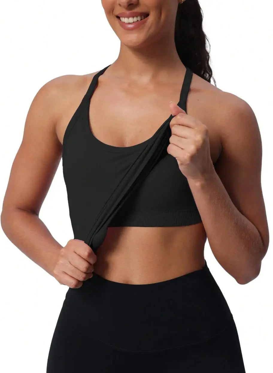 Seamless Women's Workout Tank Tops with Built-In Bra Racerback Athletic Yoga Shirts Ribbed Soft and Breathable Design