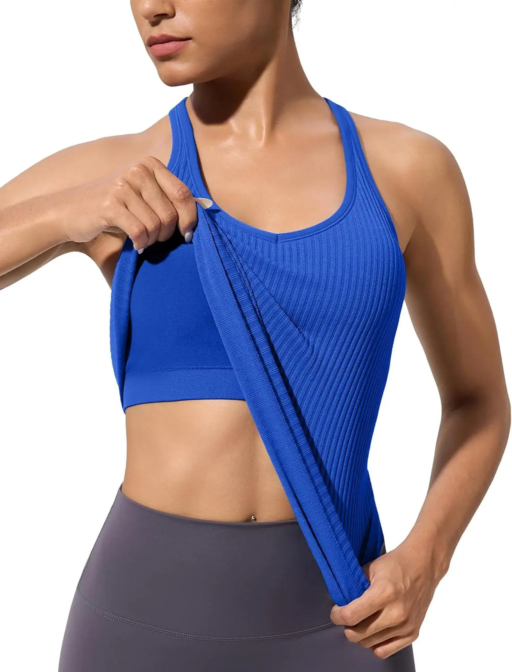 Yoga Workout Tank Tops for Women with Built-in Bra Seamless V-Neck Spandex/Nylon Solid Fitness Shirts