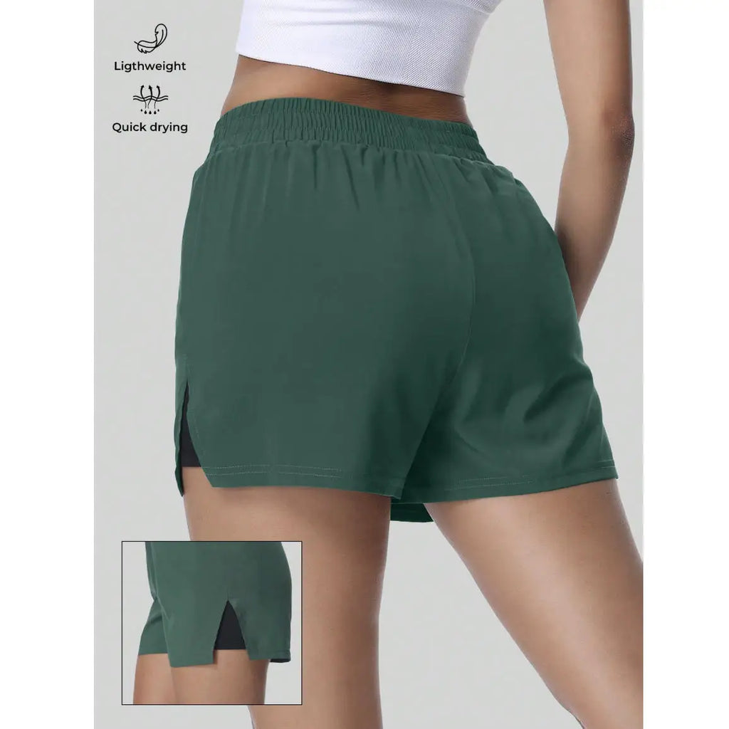 Women's Breathable Moisture-Wicking Underwear Lining Split Hem Sports Shorts With Pockets High Elastic Waist Workout Shorts