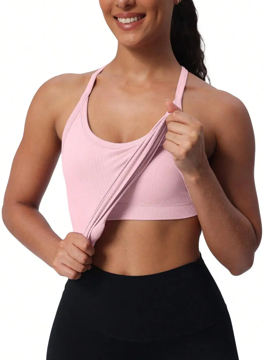 Seamless Women's Workout Tank Tops with Built-In Bra Racerback Athletic Yoga Shirts Ribbed Soft and Breathable Design