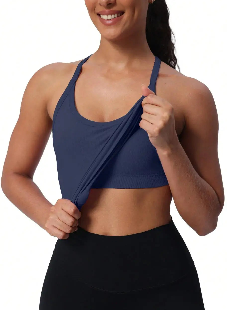 Seamless Women's Workout Tank Tops with Built-In Bra Racerback Athletic Yoga Shirts Ribbed Soft and Breathable Design