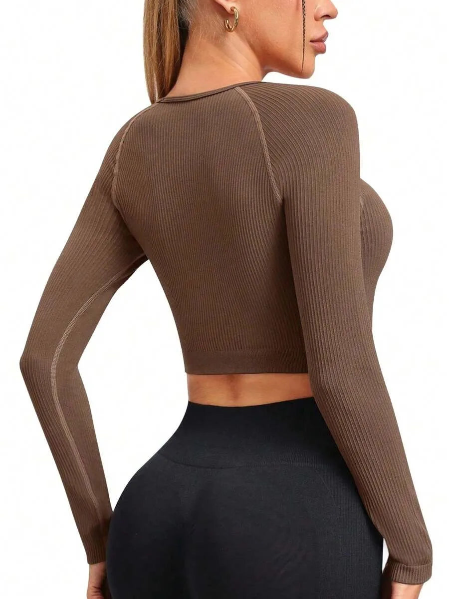 Women's Short-Sleeve Top Ribbed Seamless High-Stretch Long-Sleeve Fitness T-Shirt Slim-Fit Yoga Wear for Women