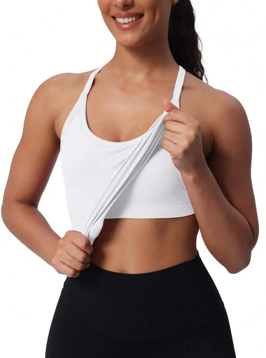 Seamless Women's Workout Tank Tops with Built-In Bra Racerback Athletic Yoga Shirts Ribbed Soft and Breathable Design
