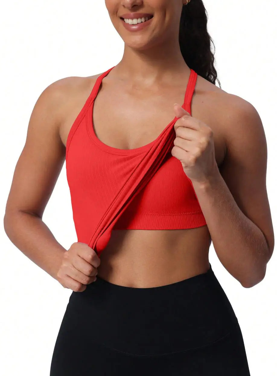 Seamless Women's Workout Tank Tops with Built-In Bra Racerback Athletic Yoga Shirts Ribbed Soft and Breathable Design