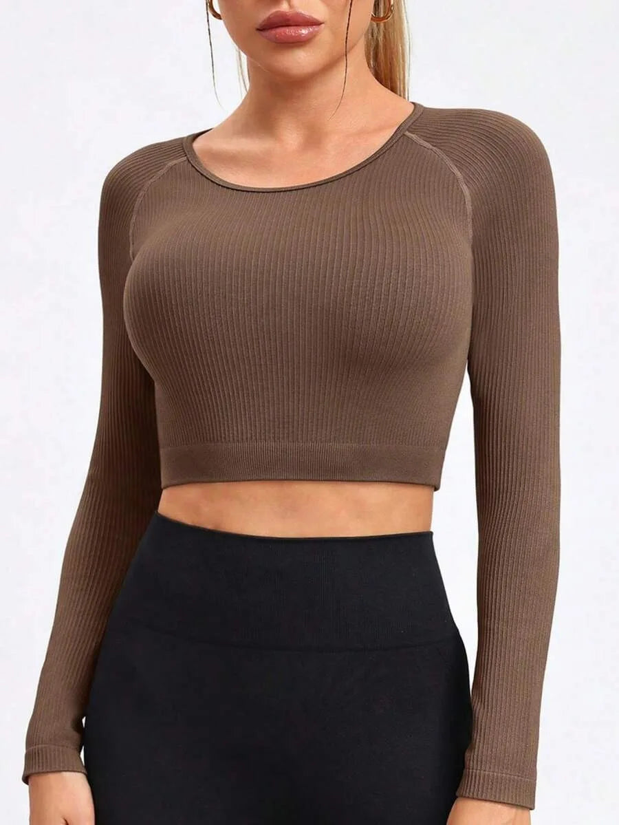 Women's Short-Sleeve Top Ribbed Seamless High-Stretch Long-Sleeve Fitness T-Shirt Slim-Fit Yoga Wear for Women