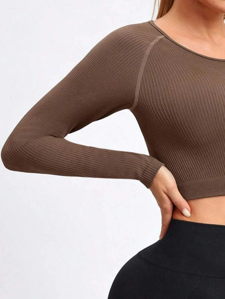 Women's Short-Sleeve Top Ribbed Seamless High-Stretch Long-Sleeve Fitness T-Shirt Slim-Fit Yoga Wear for Women