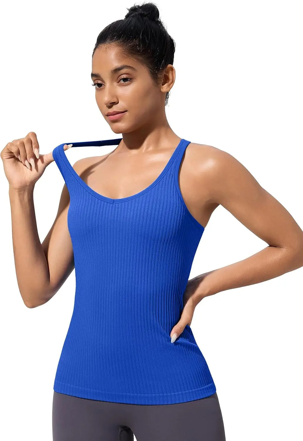 Yoga Workout Tank Tops for Women with Built-in Bra Seamless V-Neck Spandex/Nylon Solid Fitness Shirts