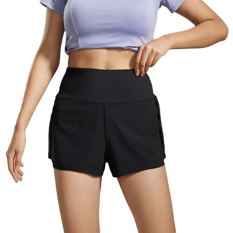 Women's Double-Layer Anti-Exposure Sports Shorts Lightweight Comfortable Quick Dry Yoga Workout Shorts with Back Zipper Pocket