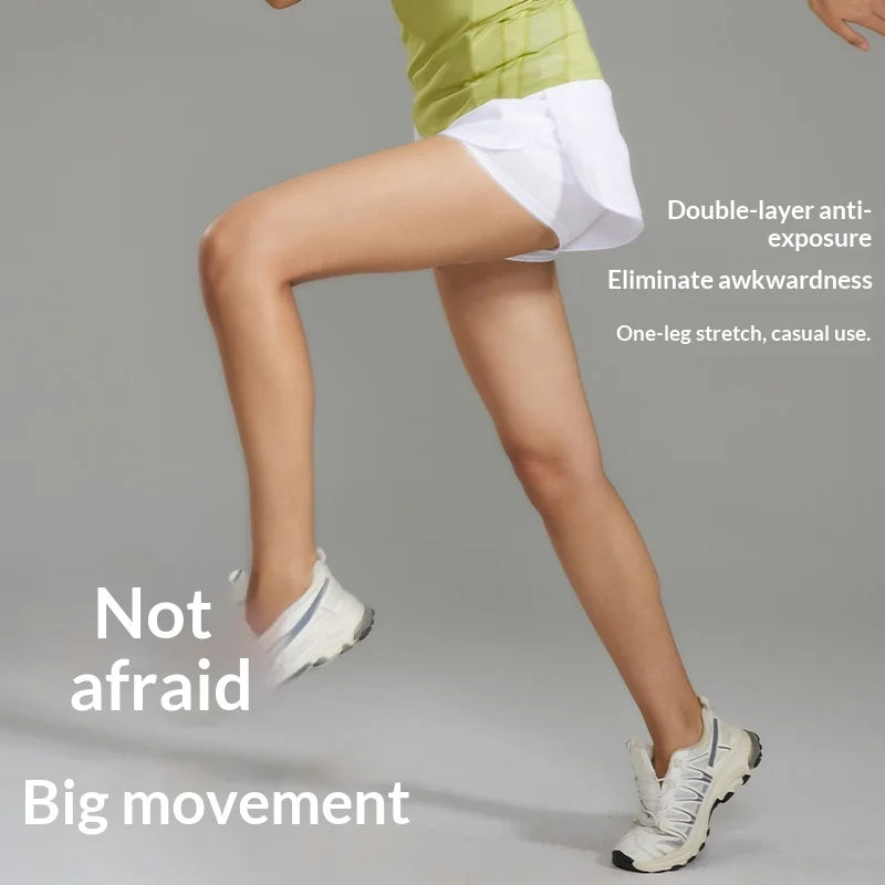 Women's Double-Layer Anti-Exposure Sports Shorts Lightweight Comfortable Quick Dry Yoga Workout Shorts with Back Zipper Pocket