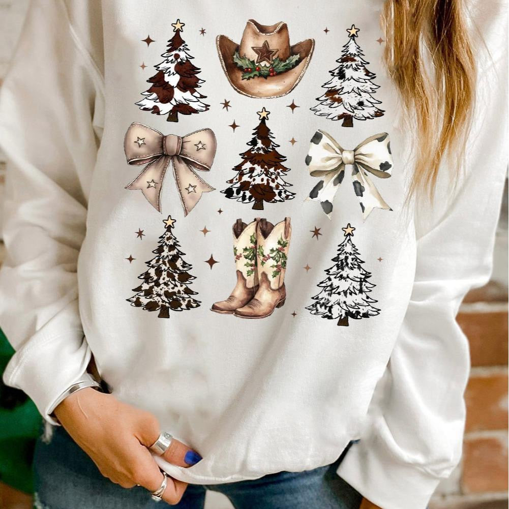 White Cozy Christmas Sweater Long Sleeve Graphic Sweatshirt with Festive Tree & Cowboy Boot Print for Daily Wear & Christmas Day Casual Cotton Blend