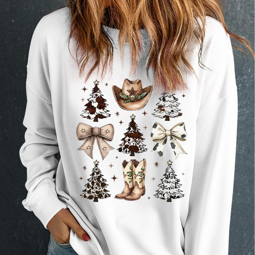 White Cozy Christmas Sweater Long Sleeve Graphic Sweatshirt with Festive Tree & Cowboy Boot Print for Daily Wear & Christmas Day Casual Cotton Blend