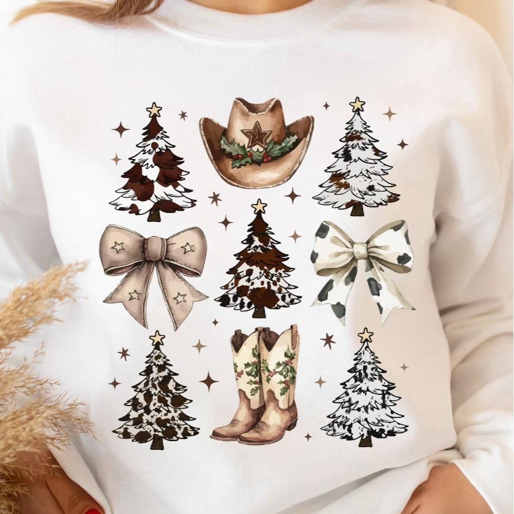 White Cozy Christmas Sweater Long Sleeve Graphic Sweatshirt with Festive Tree & Cowboy Boot Print for Daily Wear & Christmas Day Casual Cotton Blend