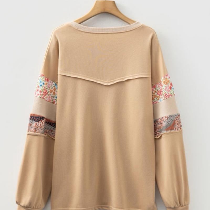 Khaki Floral Patchwork Long Sleeve Sweatshirt for Women Winter Autumn Casual Daily Wear Plus Size Fit