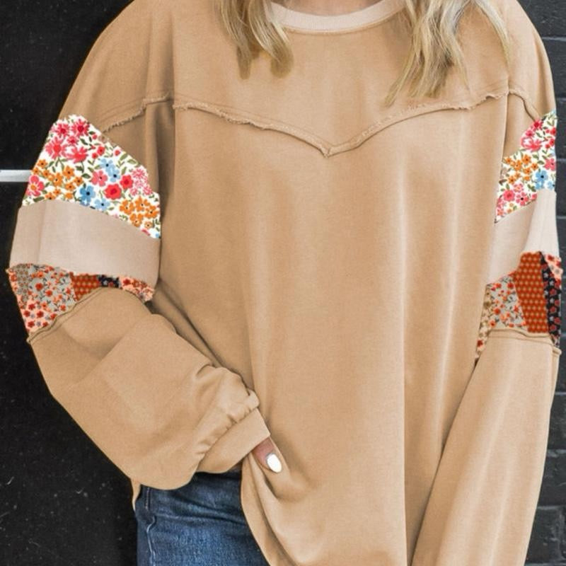 Khaki Floral Patchwork Long Sleeve Sweatshirt for Women Winter Autumn Casual Daily Wear Plus Size Fit
