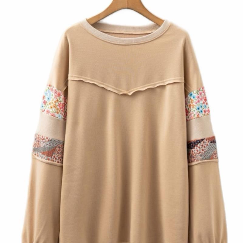 Khaki Floral Patchwork Long Sleeve Sweatshirt for Women Winter Autumn Casual Daily Wear Plus Size Fit