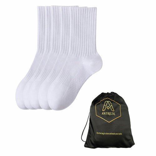 ANTREZIL Crew Compression Socks - Pack of 5 White Socks with Bag/Athletic Socks Cushioned Arch Support Sweat-Absorbent, Running,Breathable Sports Socks