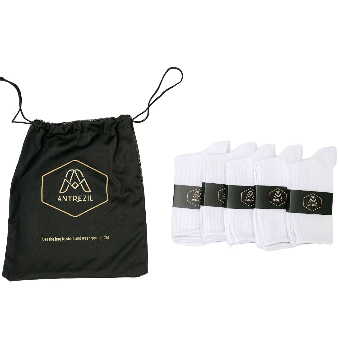 ANTREZIL Crew Compression Socks - Pack of 5 White Socks with Bag/Athletic Socks Cushioned Arch Support Sweat-Absorbent, Running,Breathable Sports Socks