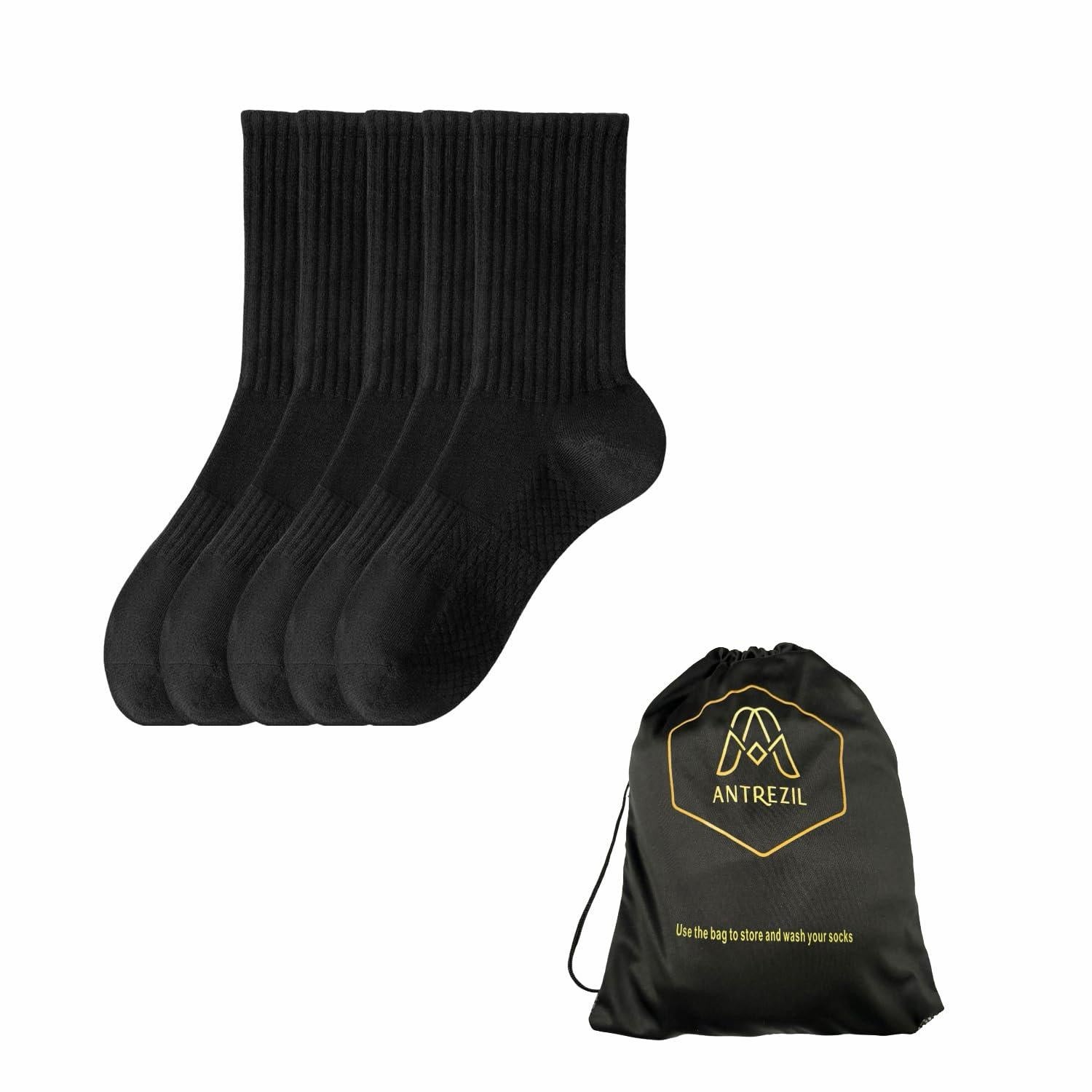 ANTREZIL Crew Compression Black Socks Pack of 5 with Bag |Athletic Socks, Cushioned Socks, Sweat Absorbent, Arch Support