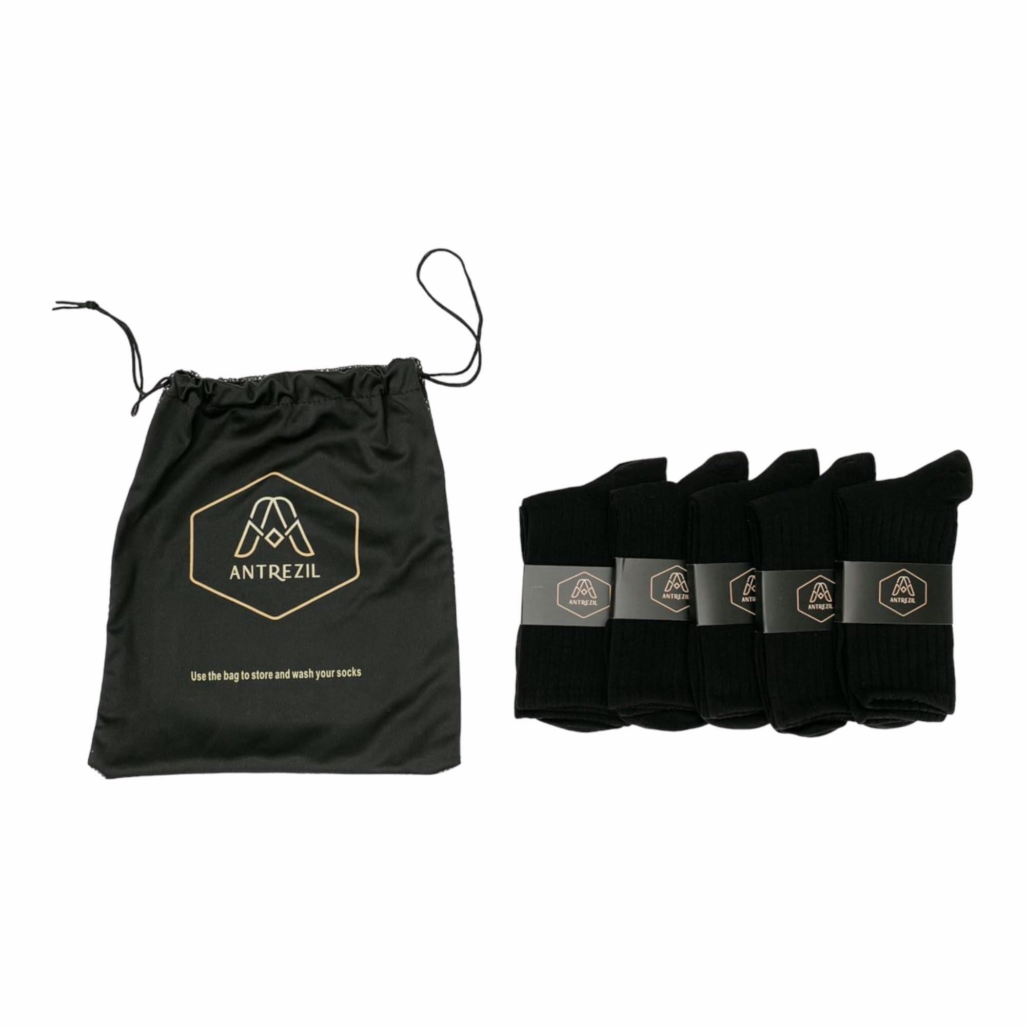 ANTREZIL Crew Compression Black Socks Pack of 5 with Bag |Athletic Socks, Cushioned Socks, Sweat Absorbent, Arch Support