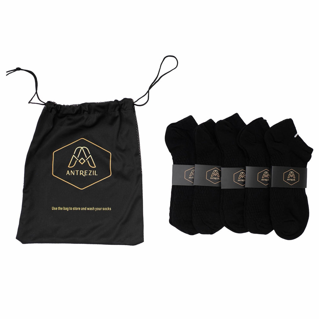 Ankle Socks - Pack of 5 Pairs Black with Bag | Non-Slip Toe Support, Moisture-Wicking Casual Cotton | Sports,Gym, Gifts