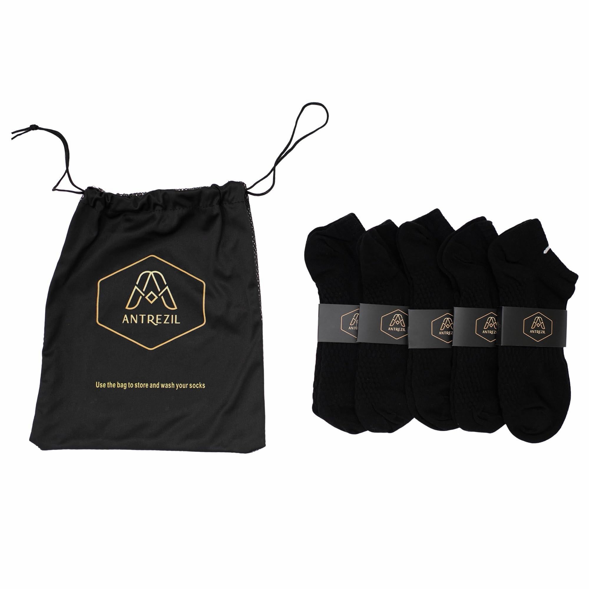 Ankle Socks - Pack of 5 Pairs Black with Bag | Non-Slip Toe Support, Moisture-Wicking Casual Cotton | Sports,Gym, Gifts