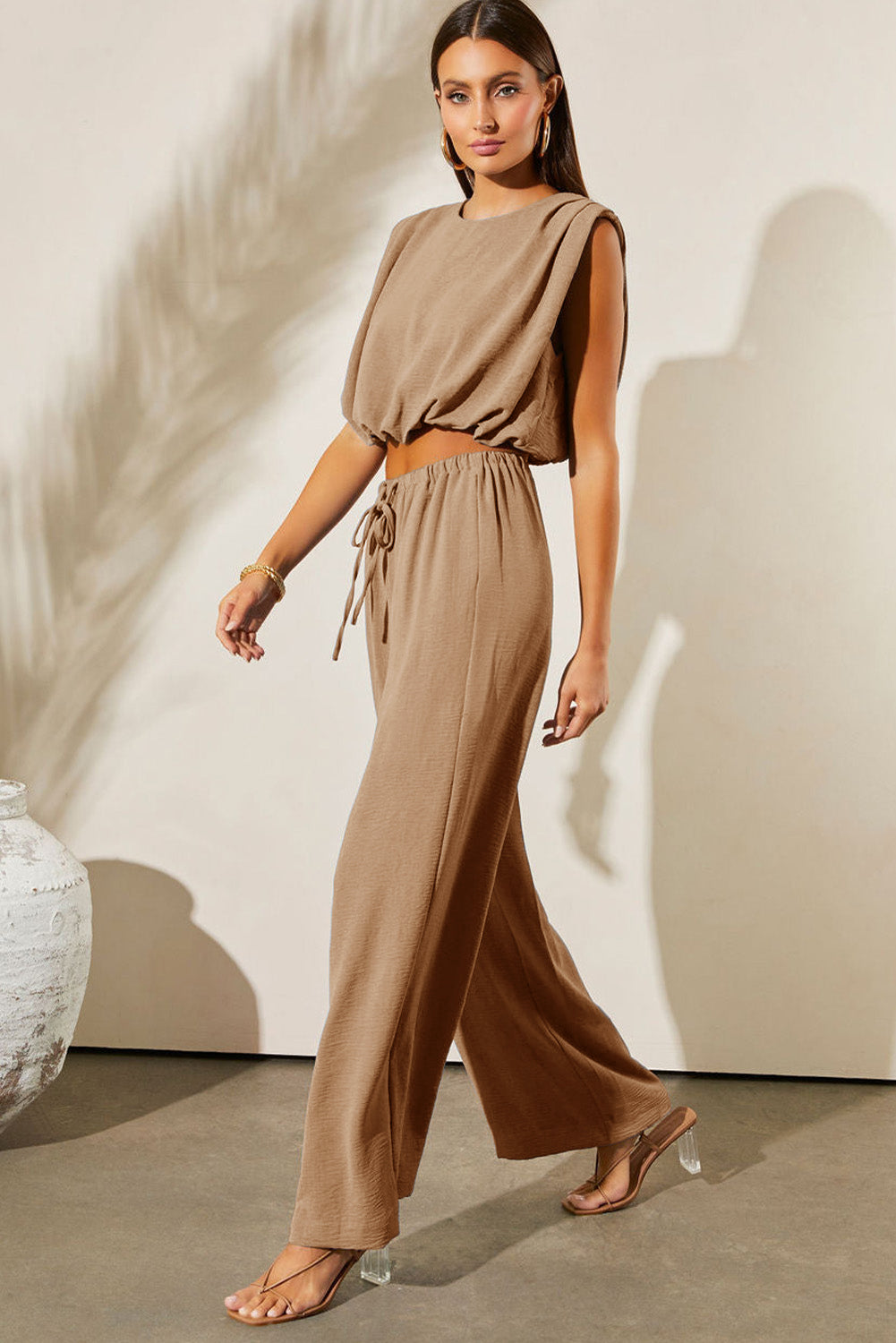 Pale Khaki Solid Color Keyhole Puffy Tank Drawstring Loose Pants 2pcs Outfit