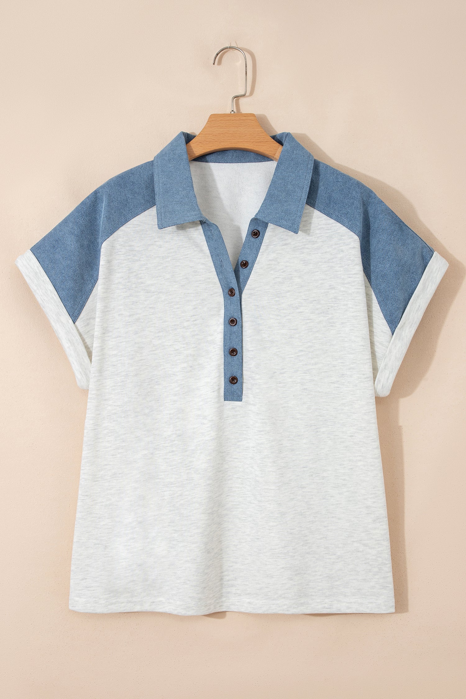 Beige Plus Size Contrast Denim Patchwork Cuffed Sleeve Polo Tee