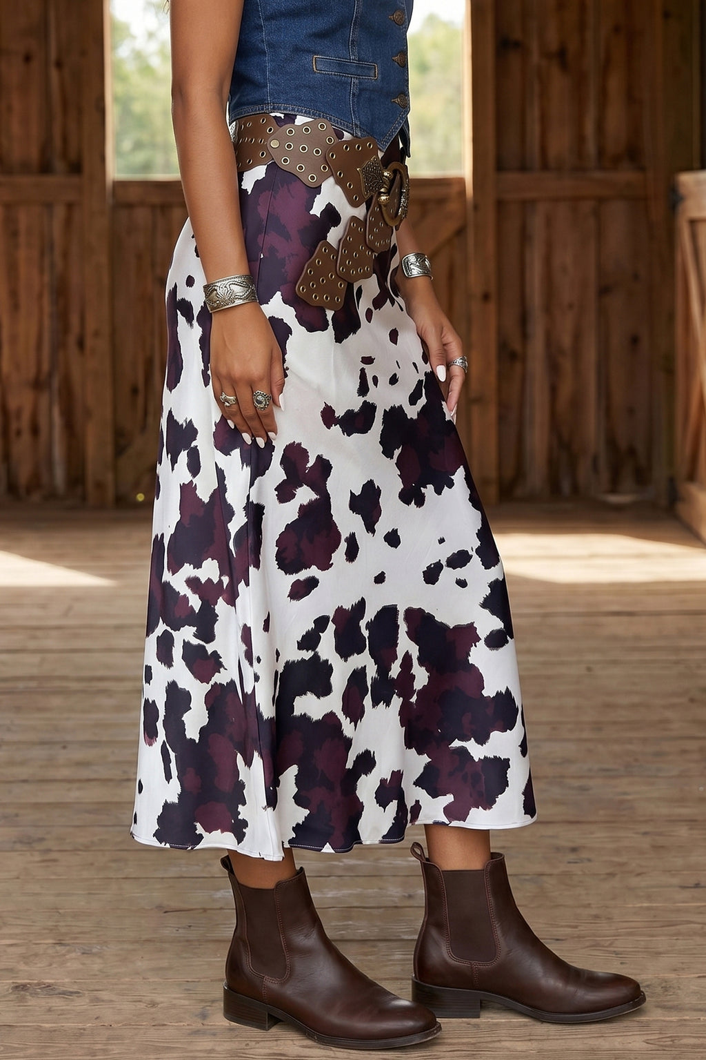 Brown Abstract Print Western Long Metal Zip-Up Waist Daily Wear Skirt