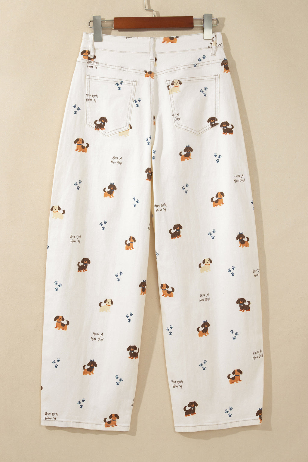 White Abstract Dog Print Wide Leg Full-Length Jeans