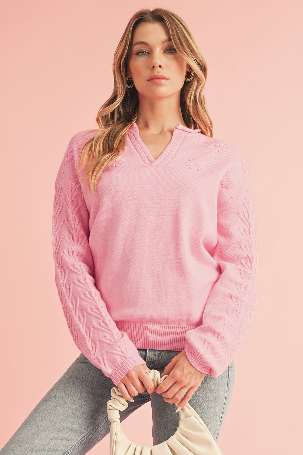 Peach Blossom Flower Pattern Knitted Notched Neck Sweater