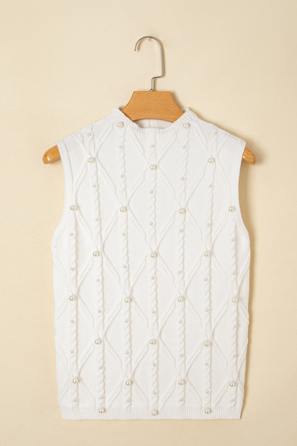 White Pearl High Neck Textured Knit Sweater Vest