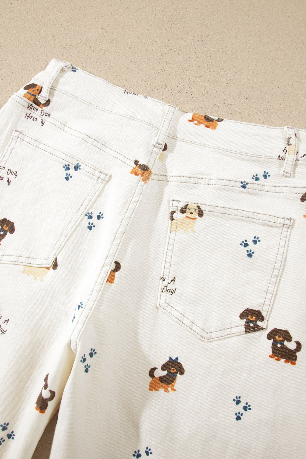 White Abstract Dog Print Wide Leg Full-Length Jeans