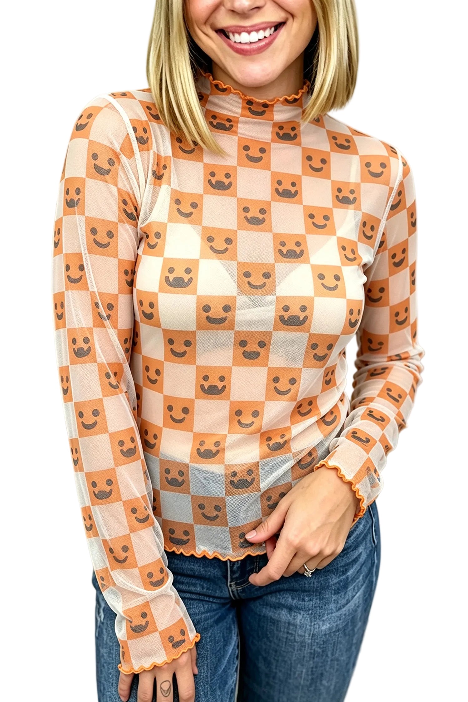 Orange Abstract Halloween Pattern Long Sleeve Stand Neck Shift Blouse