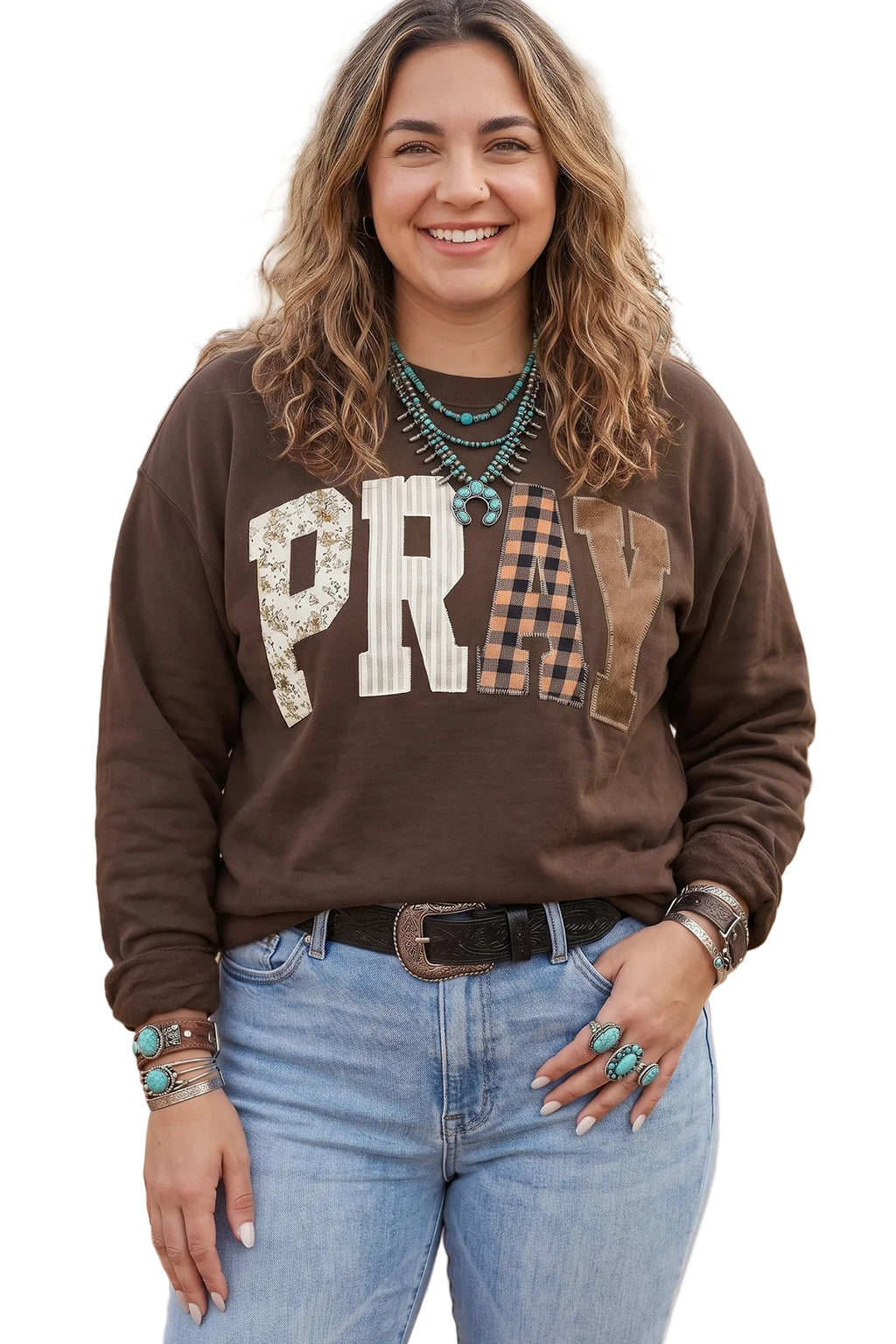 Coffee PRAY Letter Patchwork Round Neck Long Sleeve Plus Size Sweatshirt