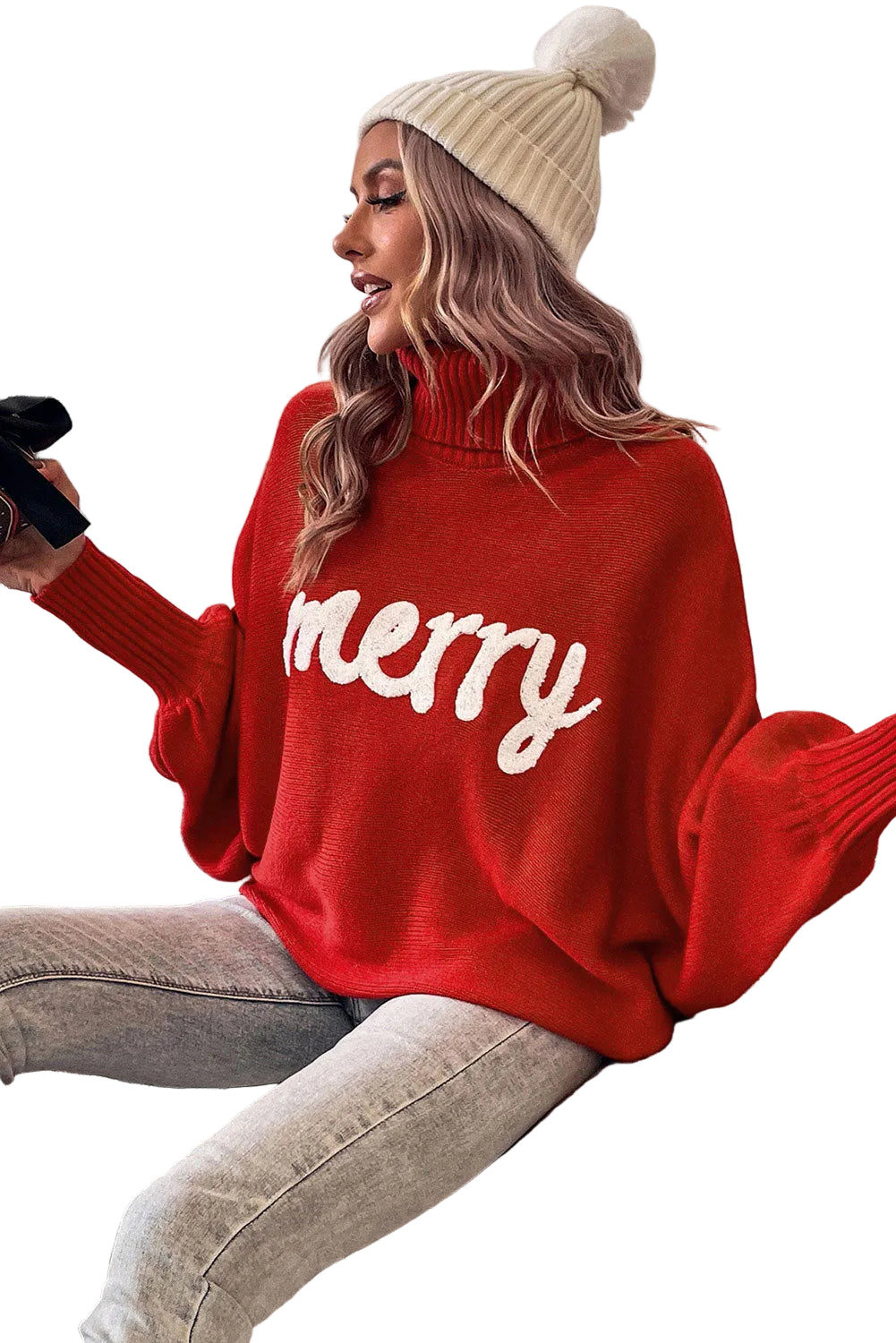 Blackish Green Merry Letter Embroidered High Neck Sweater