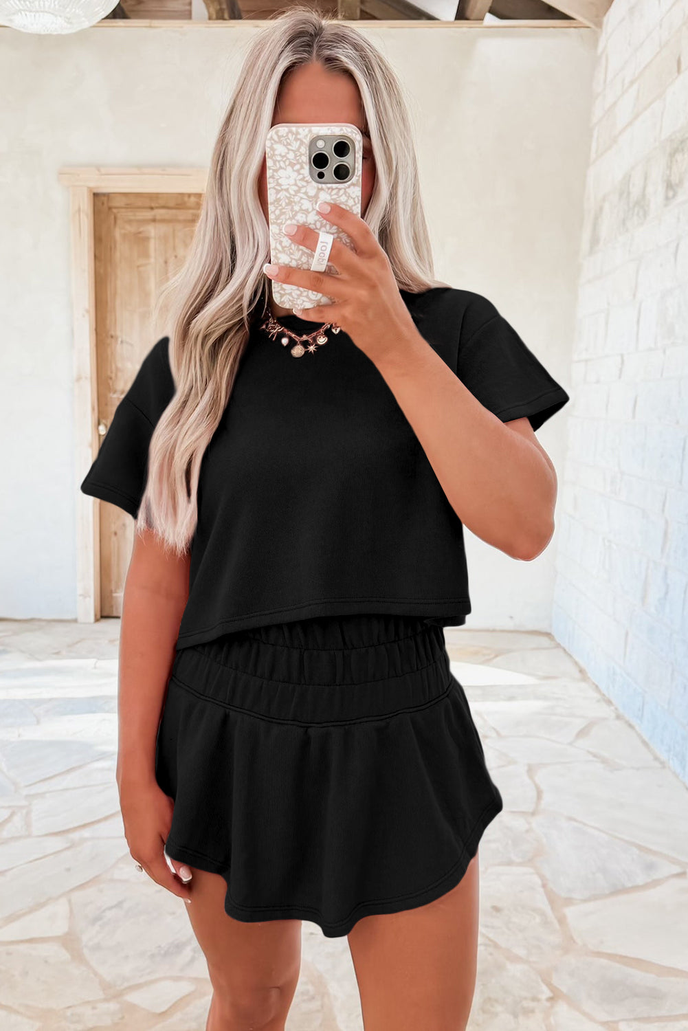 Black Cropped Tee and Ruffle High Waist Skort Set