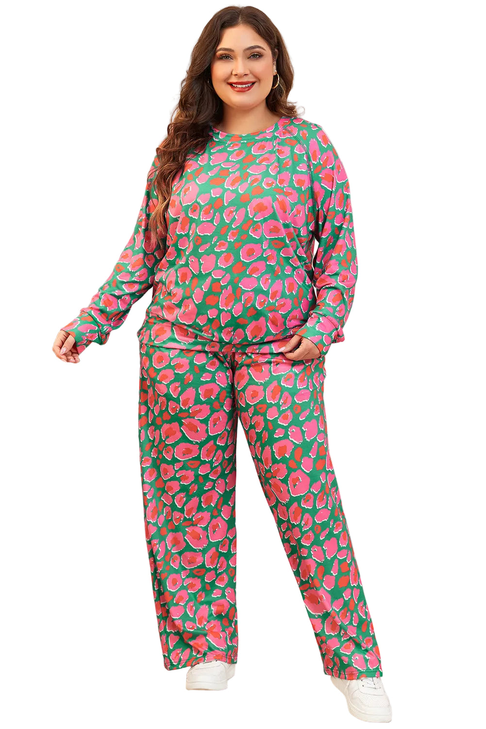 Green Plus Size Printed Long Sleeve and Pants Lounge Set