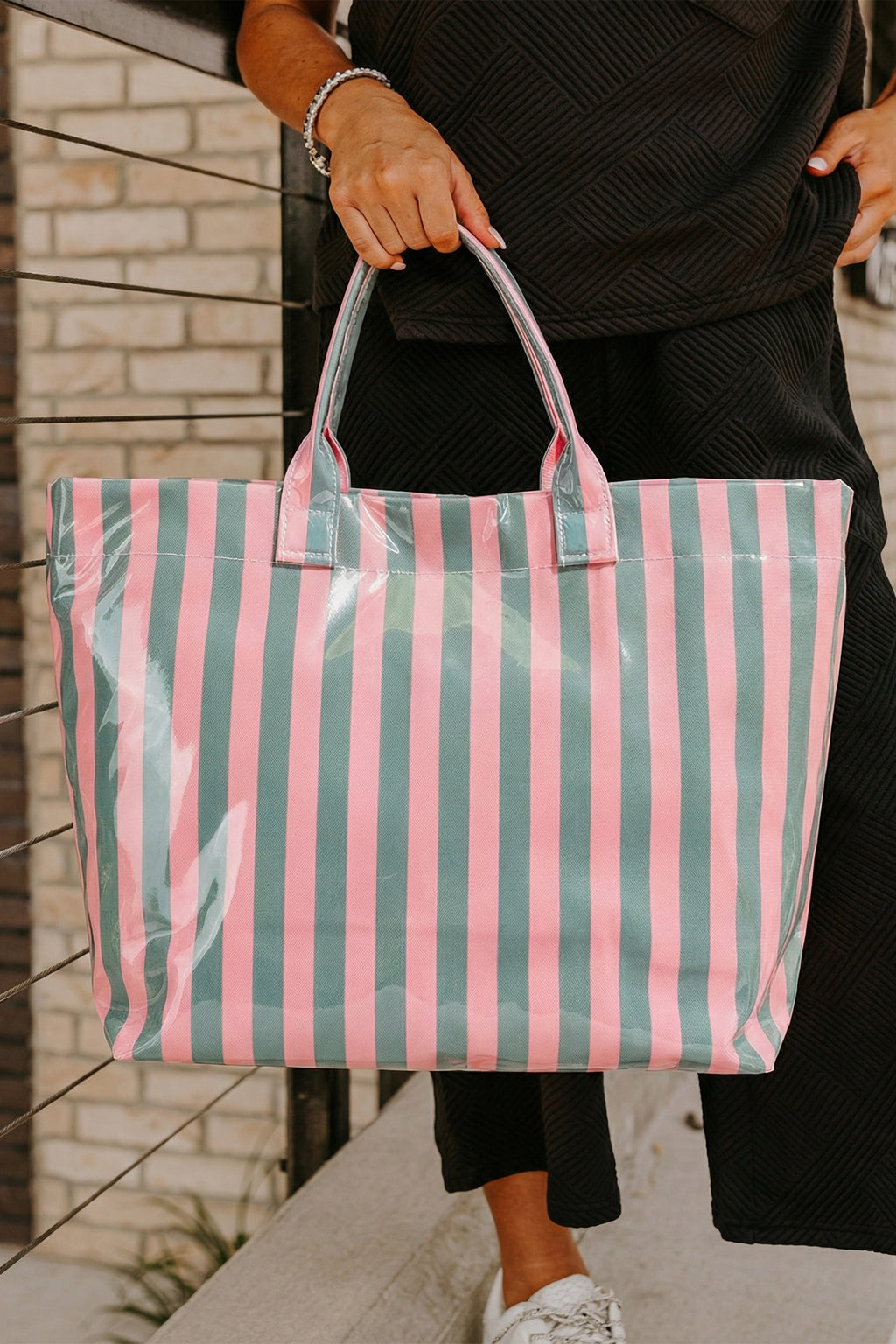 Pink Glossy Striped Vinyl Large Tote Bag