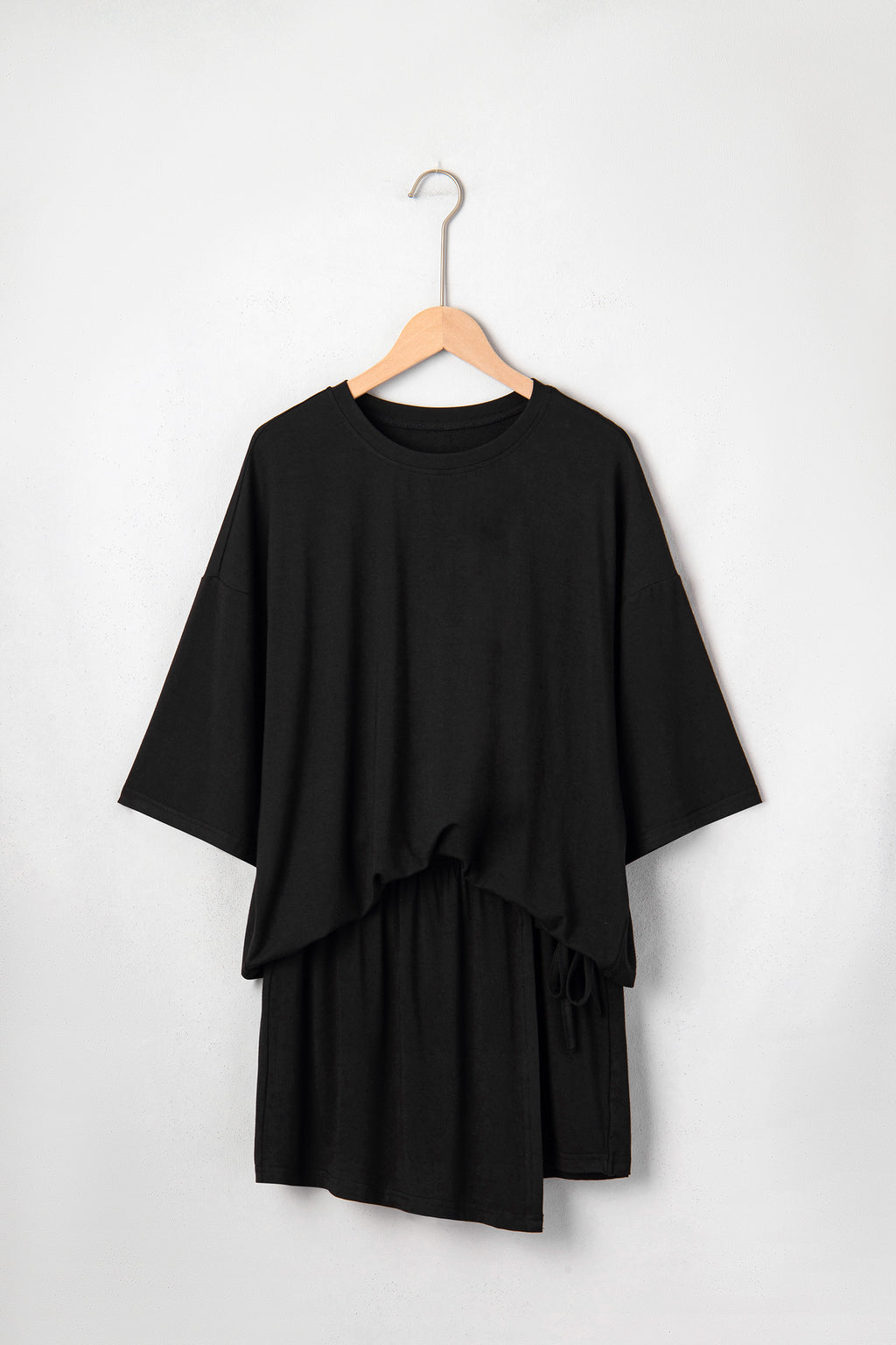 Black Solid Color Oversize Tee Tie Wrap Mini Skort 2pcs Set