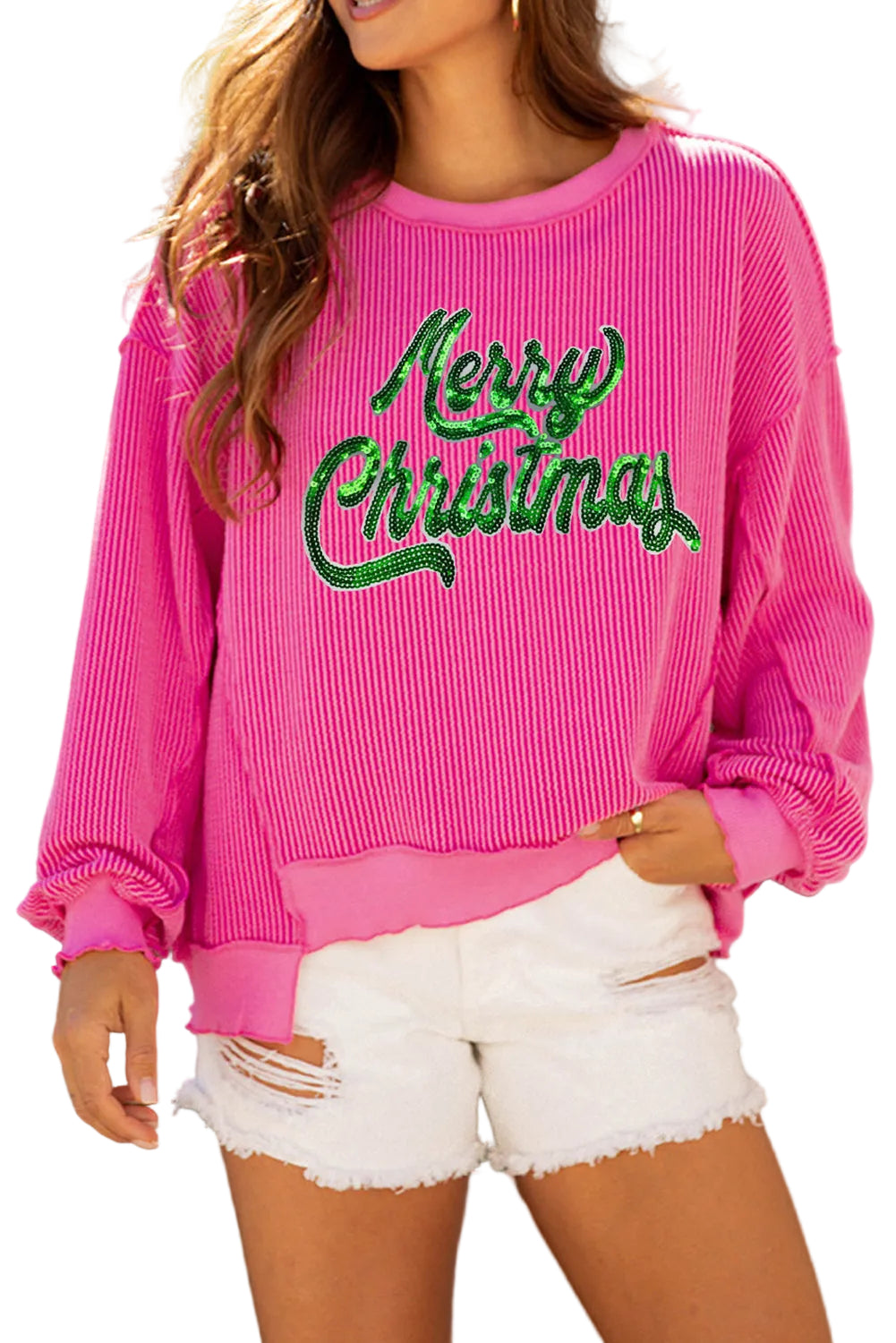 Strawberry Pink Twisted Ribbed Texture Merry Christmas Sequin Letter Graphic Top