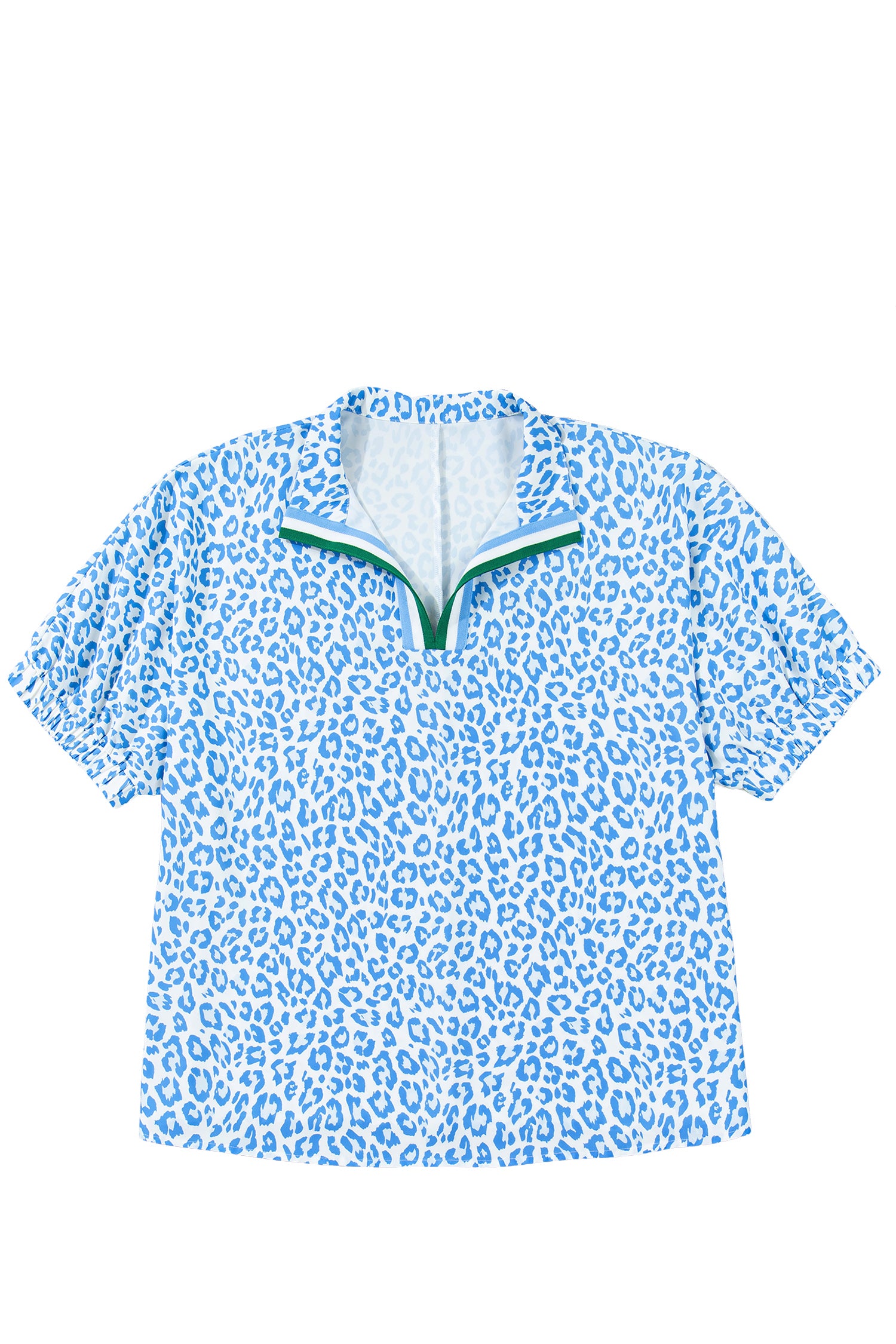 Sky Blue Striped V Neckline Half Sleeve Plus Size Leopard Blouse